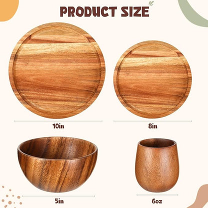 16 Pcs Acacia Wood Dinnerware Set, Round Wooden Plates, Solid Wooden Bowls and - Image 3