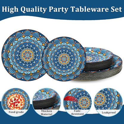100PCS Boho Paper Plates 7Inch & 9Inch, Vintage Bohemian Disposable Dinnerware Plates for Birthday Gatherings Holiday Favor Baby Shower Party Supplies,50 Guests(Blue)