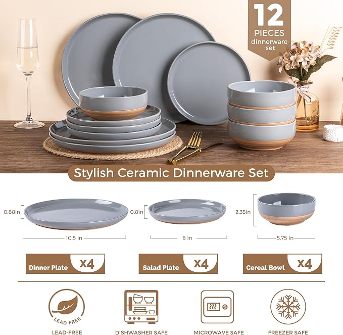 AmorArc Dinnerware Sets for 4, 12 Pieces Ceramic Plates and Bowls Set | Scratch - Image 3