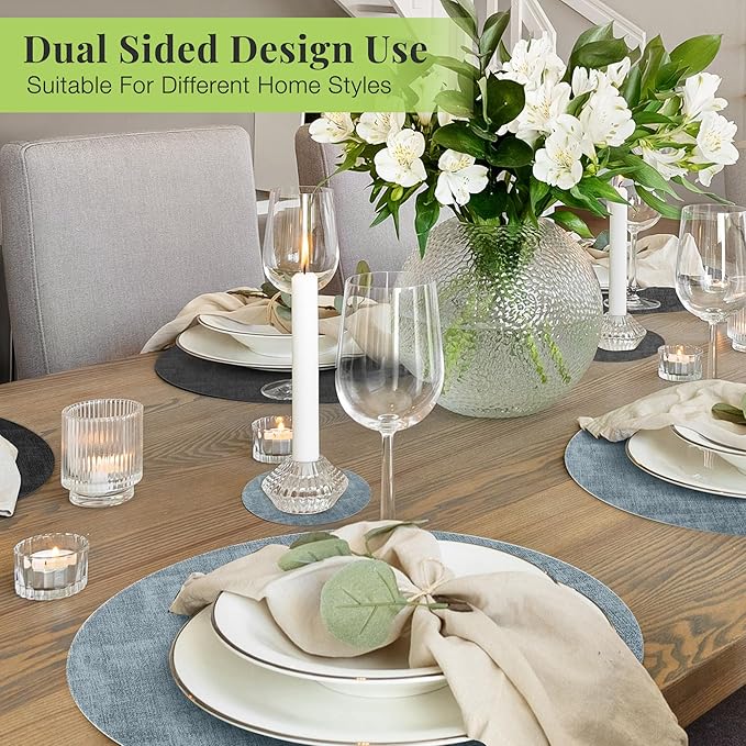 13-Inch Faux Leather Round Placemats Set of 8, Waterproof Anti-Slip Dual Sided Place mats, Heat Resistant Washable Table Mats with Coaster, Suitable for Indoor & Outdoor (8, Black Light Blue)