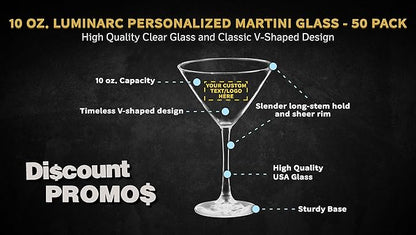 Custom Martini Glasses by ARC 10 oz. Set of 50, Personalized Bulk Pack - Perfect for Hotel, Bar, Restaurant or Lounge - Clear