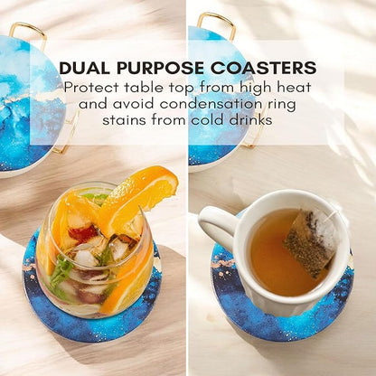 Ceramic Absorbent Coasters Set of 6 with Holder, Drink Coasters for Coffee Table, Kitchen & Home Decor, Cute Round Ceramic Coasters, Alternative to Silicone, Cork or Glass (Sapphire)