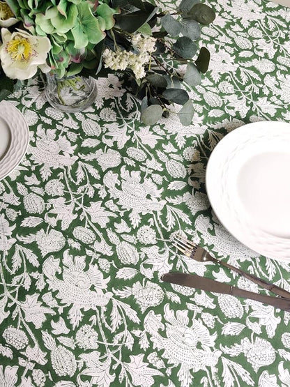 ATOSII Meraki Green 100% Cotton Fall Tablecloth, Handblock Print Rectangle Table Cover for Kitchen Dining Linen I Parties, Thanksgiving, Christmas, Wedding, Table Cloth I 72 X 108 Inches I 8 Seater