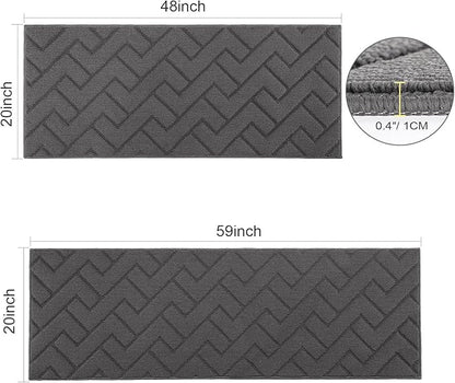 hicorfe Kitchen Rugs and Mats Sets,Non-Slip 2 Pieces Absorbent 100% Polypropylene Rug,Comfort Kitchen Runner Mat,Washable for Kitchen,Sink,Laundry(20" x 48" Plus 20" x 59",Grey)