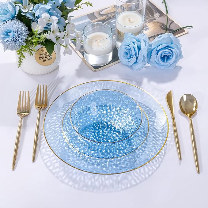 30 Pack 12 Ounce Blue Plastic Bowls Hammered Clear Bowl - Image 7