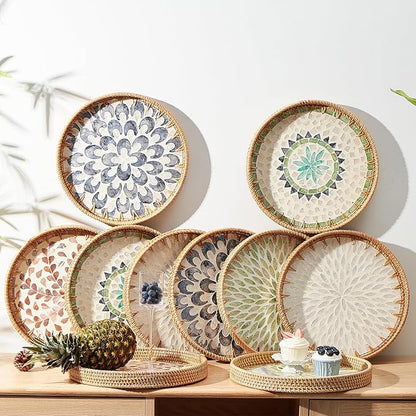 Round Rattan Tray with Mother of Pearl Inlay, Rattan Serving Tray with Wooden Base, Decorative Wicker Basket for Table Decor, Storage and Display of Coffee Bread Food Fruit (Leaf 2)