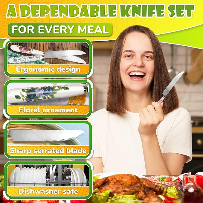 Butter Knife Set of 6, Floral Ceramic Handle, Stainless Steel Blade | Small - Image 4