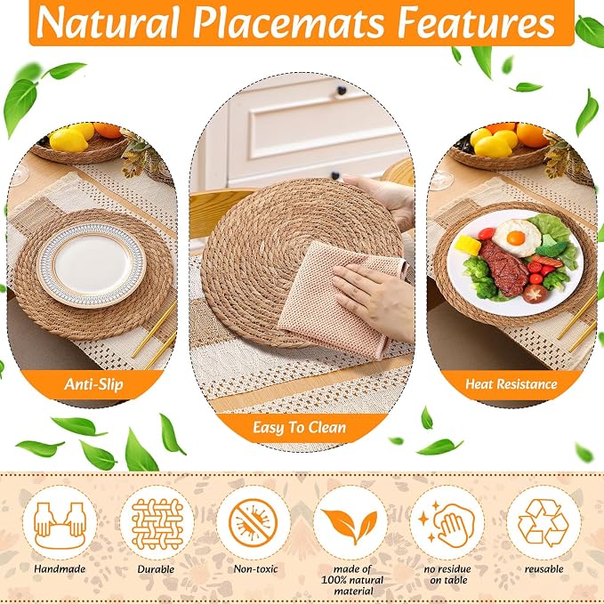 8 Sets Boho Decoration Placemats Round Woven Placemats, Cloth Napkins, Wood - Image 5