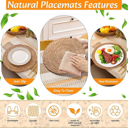 8 Sets Boho Decoration Placemats Round Woven Placemats, Cloth Napkins, Wood - Image 5