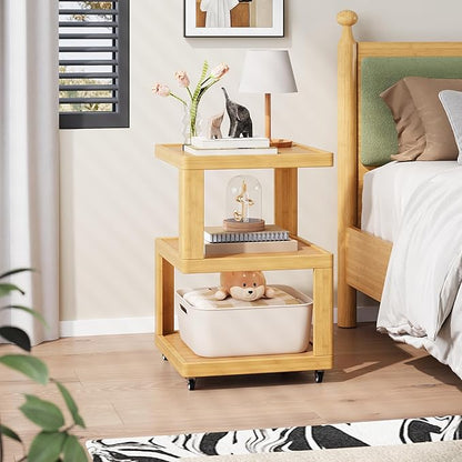 ZIYOO 3-Tier Solid Wood Mobile Side Table with Wheels, Wooden Night Stand, Unique Floating Design Storage Organizer for Bedroom, Living Room, Small Spaces, Natural Bamboo