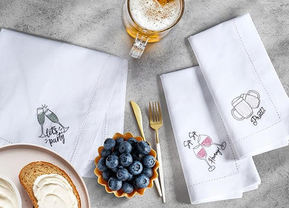 Bedding Craft Cotton Cloth Dinner Napkins Set of 12 – 18x18 Embroidered Motif with Decorative Hemstitch – Machine Washable Fabric Napkins for Weddings, Baby Showers, Christmas & Parties