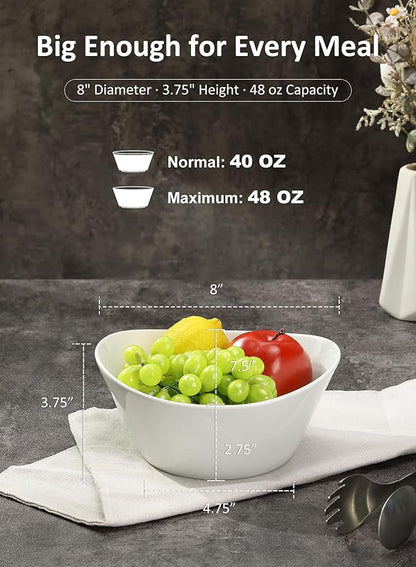 Yedio 48 oz Porcelain Salad Bowls Set of 4 – Large Serving Bowls for Pasta, Soup, Oatmeal, Snacks – Microwave & Dishwasher Safe, White Kitchen Bowl Set