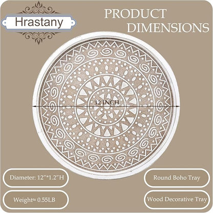 Boho Round Wooden Decorative Tray, White Farmhouse Candles Tray for Home Decor, A Pattern