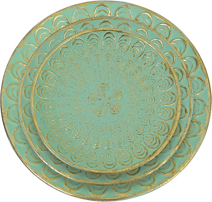 Rustic Round Decorative Tray Set of 3 Vintage Hammered Metal Trays Distressed Design Circle Candle Plate for Candle Coffee Entryway Table Kitchen Bathroom Wedding Party Counter Organizer Decor (Green)
