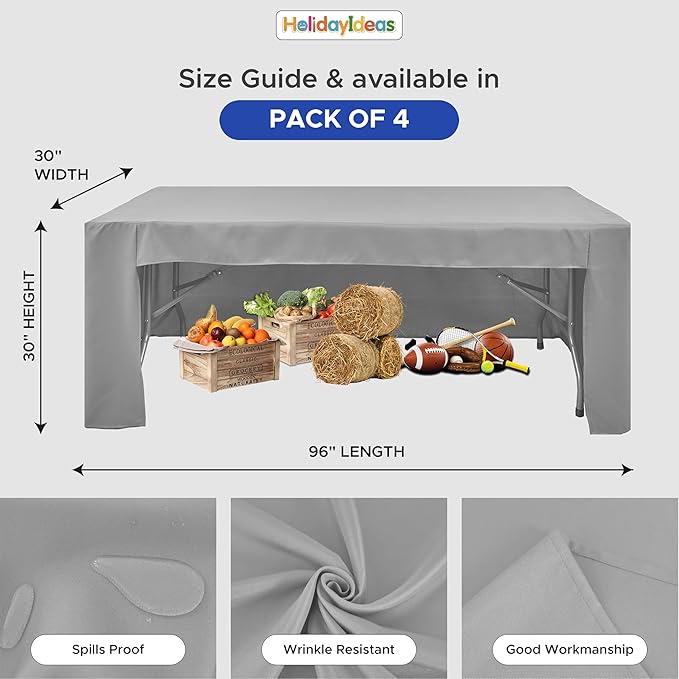 HolidayIdeas Open Back Fitted Tableclothss for 8 Foot Rectangle Table, Wrinkle Resistant Washable Table Covers 96x30 Inch for Craft Fairs, Banquets, Trade Show Display, Siver Grey,4 Pcs
