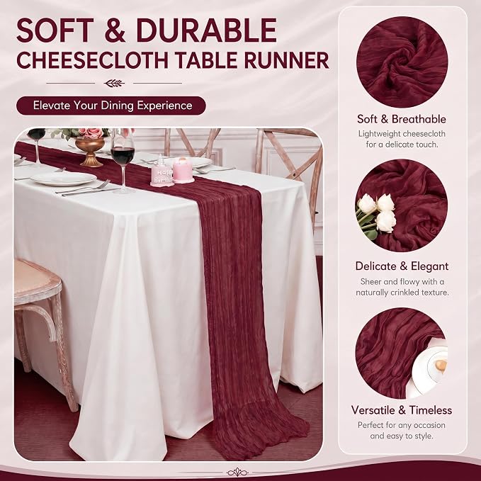 2 Pack Burgundy Cheesecloth Table Runner 17x108 Inch Boho Rustic Semi Sheer - Image 4