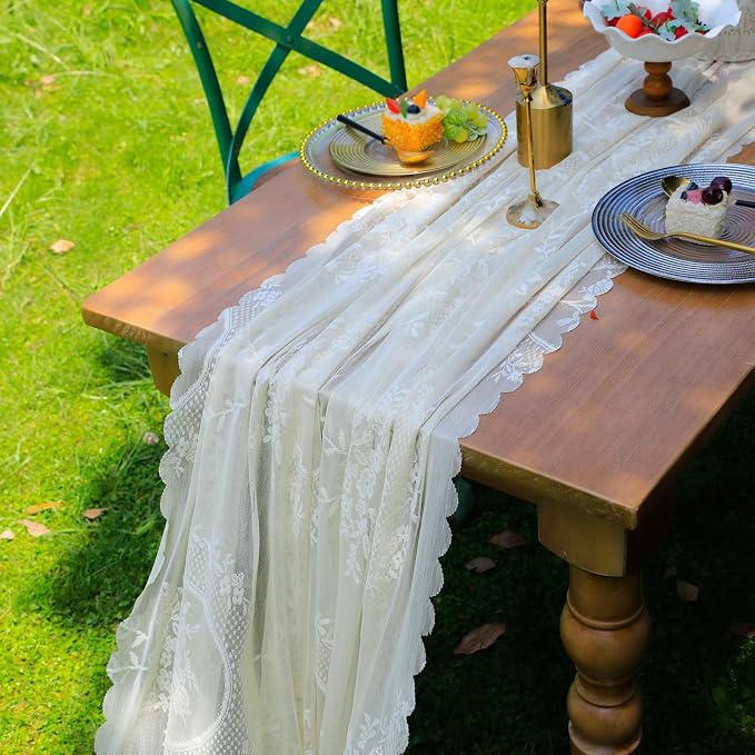 vctops White Lace Table Runner 120 inch 10FT Floral Embroidered Boho Farmhouse - Image 6