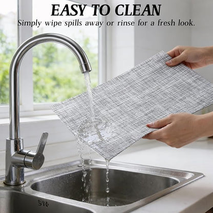 Timeet Placemats Set of 6, Heat Resistant Non-Slip Place Mats for Dining Table, Durable Washable PVC Vinyl Woven Table Mats, Linen Textured Placemats for Kitchen Resistant Easy to Clean(Gray
