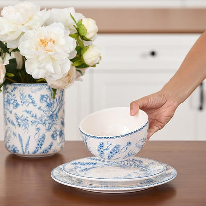 Bico Blue Garden Toile De Jouy Cereal Bowls Set of 4, 26 oz Deep Ceramic Soup - Image 4