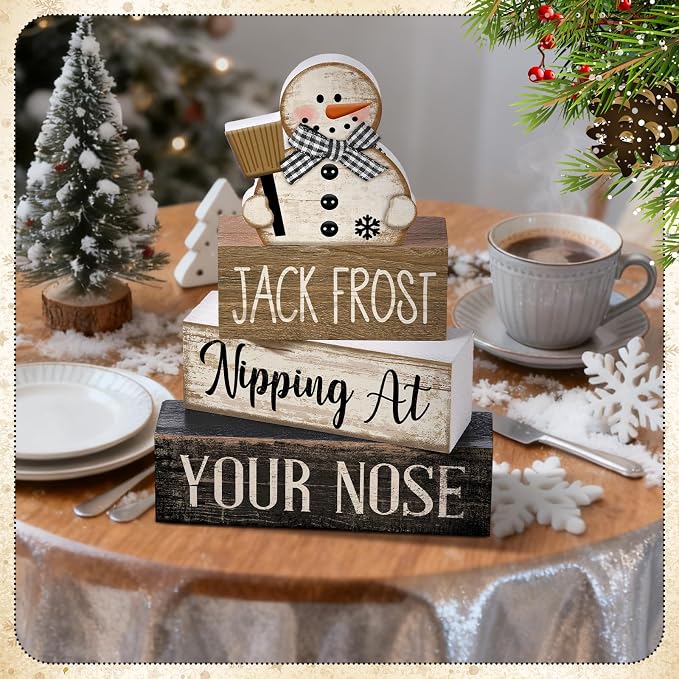 Moucuny 4 Pcs Christmas Table Decor Wooden Snowman Black and White Winter - Image 5