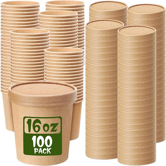 Fulmoon 100 Pack Paper Soup Containers with Lids Disposable Paper Food Containers with Vented Lid Kraft Ice Cream Cake Dessert Cups Soup Bowl for Party Hot Food Fruit Microwave(16 oz,Brown)