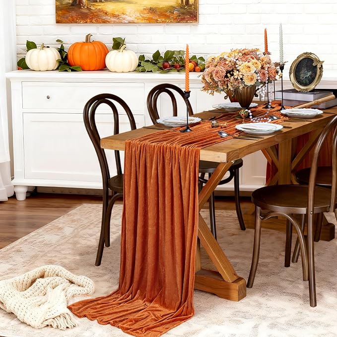 Orange Velvet Table Runner 29 x 120 Inches Fall Halloween Runners | 3 Pieces - Image 5