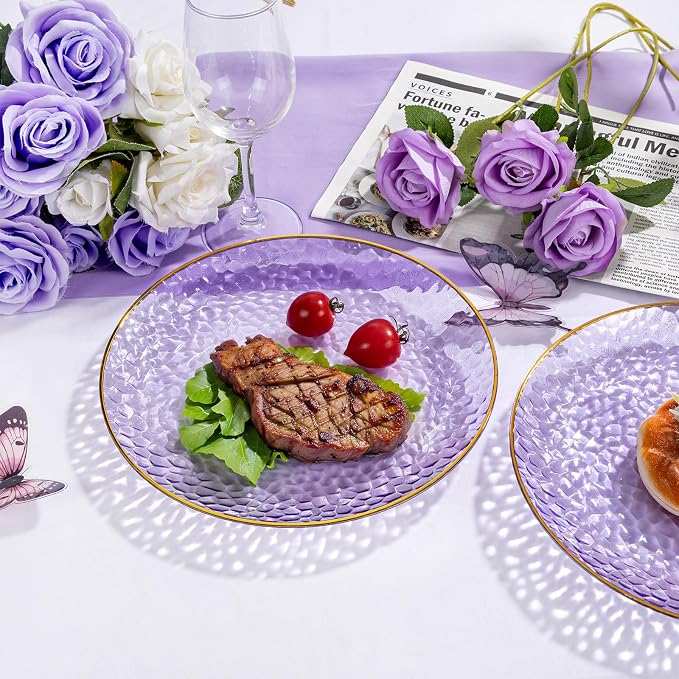 Rubtlamp 100Pcs Plastic Purple Dinner Plates, Heavy Duty 10 Inch Gold - Image 5