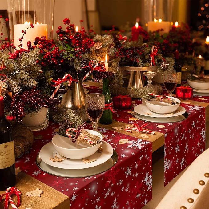 Red Christmas Table Runners 120 Inches Long, Cotton Linen Fabric Snowflake - Image 2