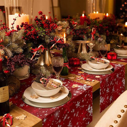 Red Christmas Table Runners 120 Inches Long, Cotton Linen Fabric Snowflake - Image 2