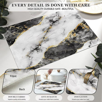 Mcalk Black Marble Table Runner and Placemats Set of 6, Marble Print Placemats, Modern Cloth Place Mats Indoor for Kitchen,Washable Linen Material for Dining Table