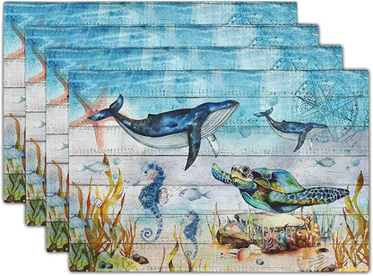 Giwawa Sea Life Placemats Set of 4- Sea Turtle Seahorse Whale Ocean Animal Place Mats- Vintage Compass Wood Board Heat Resistant Linen Table Mats 12"x18" for Dining Kitchen Summer Decoration