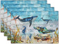 Giwawa Sea Life Placemats Set of 4- Sea Turtle Seahorse Whale Ocean Animal Place Mats- Vintage Compass Wood Board Heat Resistant Linen Table Mats 12"x18" for Dining Kitchen Summer Decoration