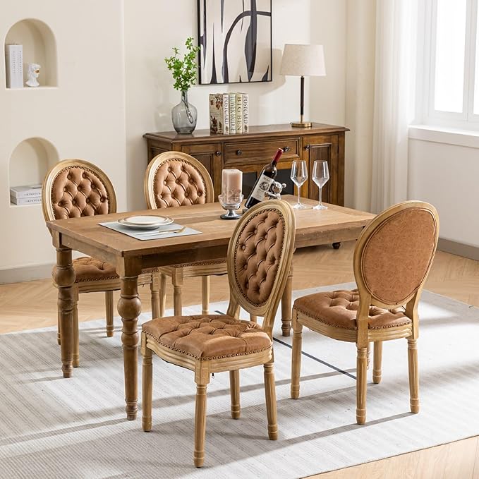 Vintage French Dining Chairs Set of 4, Round Back PU Leather Upholstered Accent Chairs with Nailhead Trim and Solid Wood Frame, Farmhouse Sillas de Comedor for Dining Room & Kitchen, Whiskey Brown