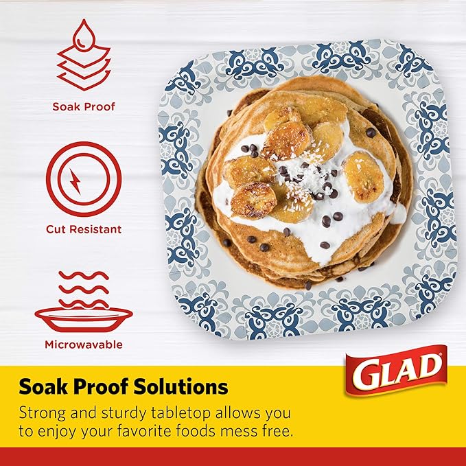 Glad Printed Disposable Paper Plates, 50 Count 10 Inch | Heavy Duty Soak Proof Paper Plates with Beautiful Printed Design | 50 Count Square Paper Plates