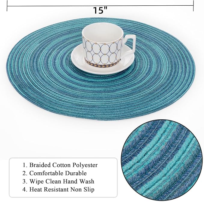 SHACOS 15 inch Round Placemats Set of 4 Variegated Multicolor Place Mats Cotton - Image 4