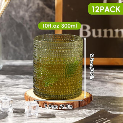 Moretoes 12 Pack 10 Oz Green Vintage Hobnail Drinking Glasses Set | Cocktail - Image 3