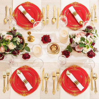Nervure 175PCS Red Plastic Plates - Disposable Red Gold Party Plates & Pre Rolled Napkins with Cutlery for 25 Guests, 50Plates, 75Silverware, 25Cups, 25Napkin for Wedding & Party & Independence