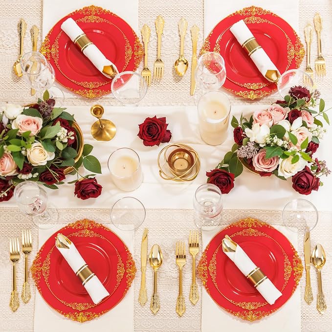 Nervure 100Pcs 10.25'' Red Plastic Plates, Heavy Duty Disposable Plates - Image 4