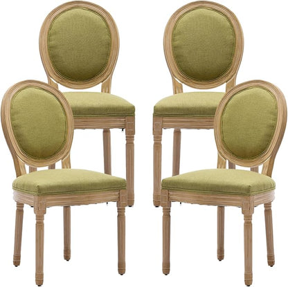 Vintage French Dining Chairs Set of 4, Round Back Upholstered Accent Chairs in Linen Fabric with Solid Wood Frame, Farmhouse Sillas de Comedor for Dining Room & Kitchen, Olive Green