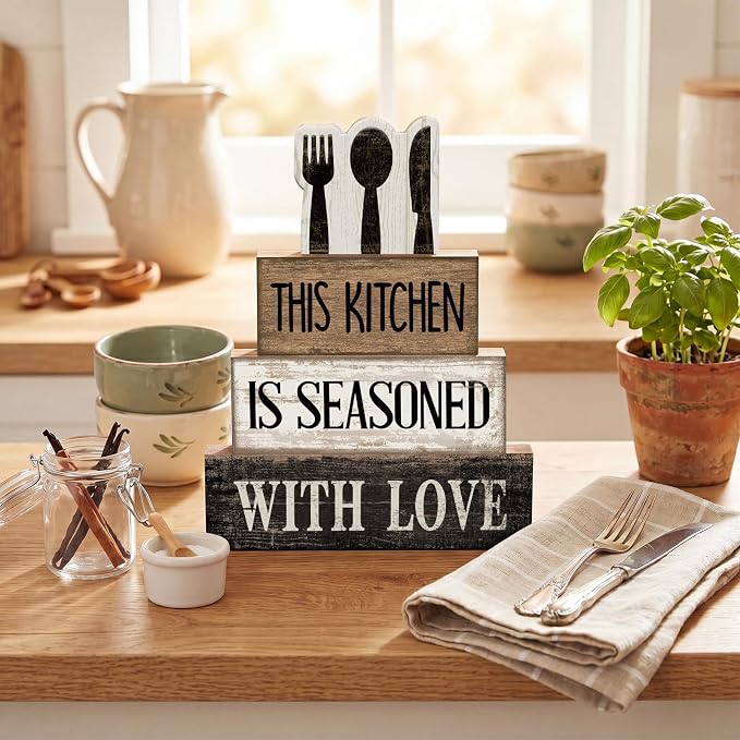 Moucuny 4 Pcs Farmhouse Kitchen Decor Rustic Spoon Fork Knife Wooden Stacked - Image 5