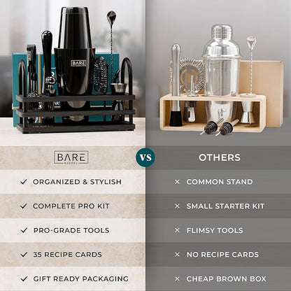 BARE BARREL® Mixology Bartender Kit Bar Set | 14-Piece Cocktail Shaker Set | Martini Barware Mixing Tools for Home Bartending | 35 Recipe Cards | Gift Set (28oz Boston Shaker, Jet Black/Black)