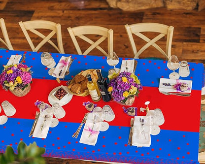 Oudain 3 Pcs Blue and Red Tablecloth for Parties Plastic Dot Tablecloths Printed Table Runner Waterproof Disposable Rectangle Table Cover for Christmas Birthday Wedding Party, 54" x 108"