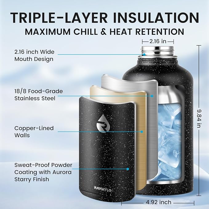 RAYMYLO Insulated Water Bottle 64 oz, Triple Wall Vacuum Stainless Steel | - Image 4