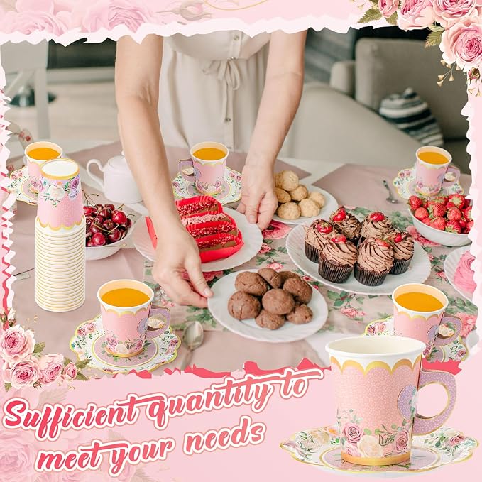 Tioncy 100 Pcs Tea Party Decorations Include 50 Pieces 9 oz Paper Tea Cups - Image 6