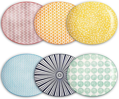 Selamica Porcelain Shallow Oval Dinner Plates, 8 inch Dessert Pasta Salad Curve Plates, Microwave/Dishwasher/Oven safe, Set Of 6, Assorted Colors