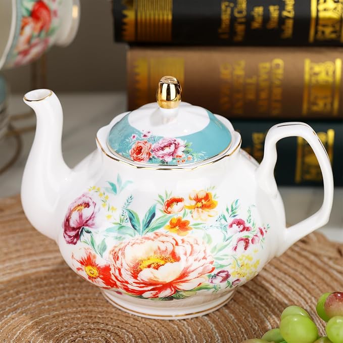 fanquare 21-Piece Green and Floral Porcelain Tea Set, Vintage Ceramic Tea Cup - Image 2