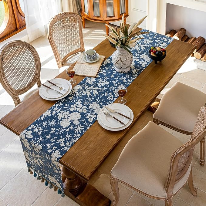 Botanical Jacquard Floral Dining Table Runner Blue 13 x 71 Inch | Jacquard - Image 4