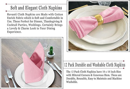 Ruvanti Cloth Napkins Set of 12, 18x18 Inches Napkins Cloth Washable, Soft, Durable, Absorbent, Cotton Blend. Table Dinner Napkins Cloth for Hotel, Christmas, Dinner, Parties - Pink