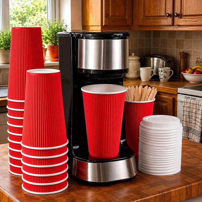 Restaurantware 16 Ounce Ripple Wall Disposable Coffee Cups, 500 Insulated Red - Image 3