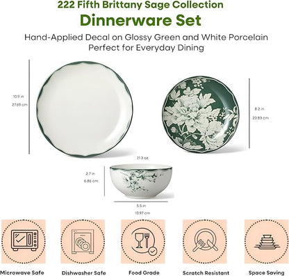 222 Fifth 12-Piece Porcelain Dinnerware Set for 4, White & Sage Green Plates and Bowls Set, Glossy Ceramic Dish Set with Detailed Floral Design, Microwave & Dishwasher Safe Dishes for Dining, Brittany